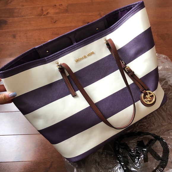Amazing striped purple blue and white Michael Kors Mercer Tote bag - Picture 4 of 10